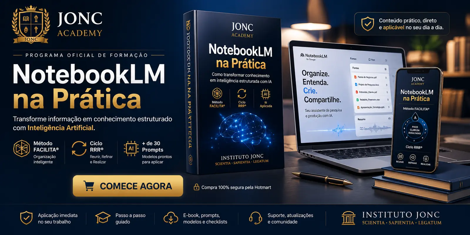 NotebookLM na Prática apresentado em livro, notebook e smartphone, na identidade visual azul-marinho e dourada da JONC Academy.